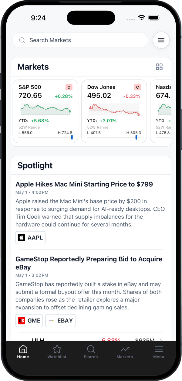 StockSight iPhone stock analysis app showing market overview and watchlist
