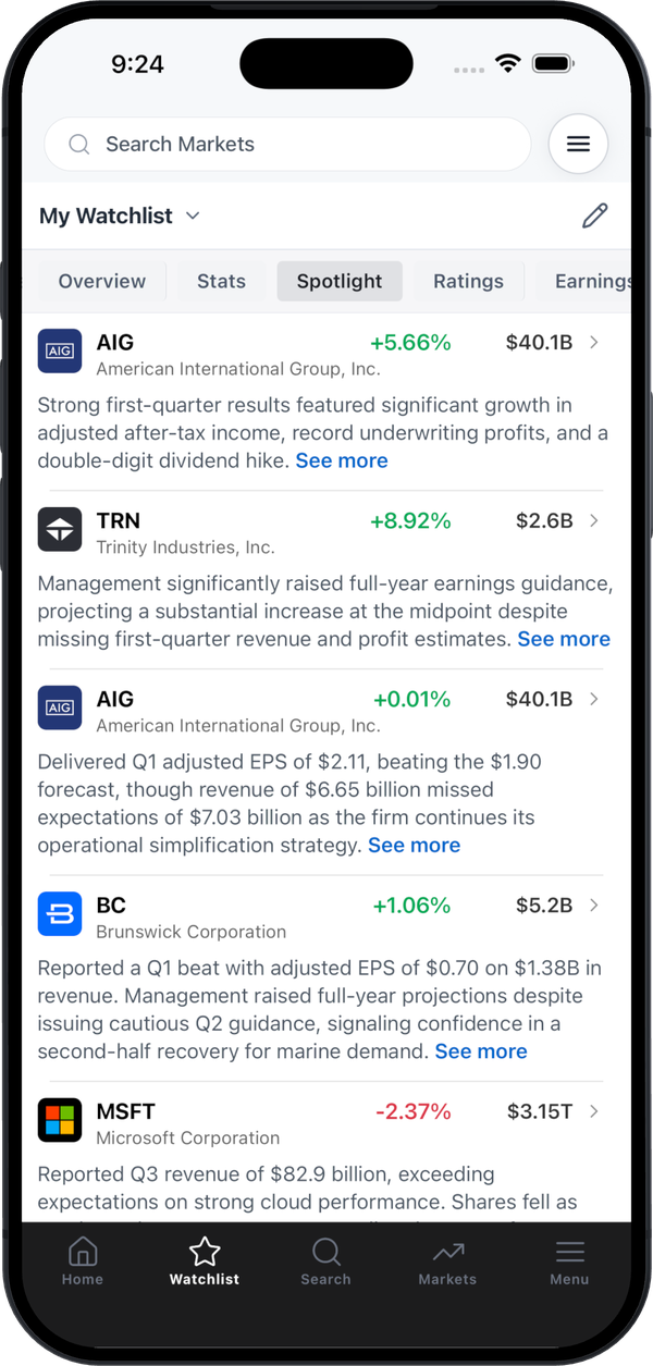 StockSight iPhone app showing stock spotlight and watchlist